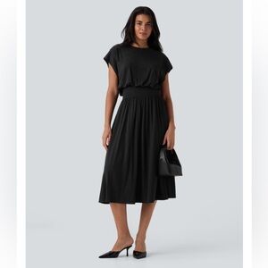 NWT Halara ($94.95) Black Tummy Control Batwing Flowy Midi Work Dress w/ Pockets